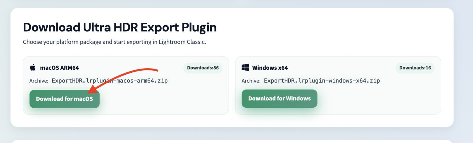 Download page with macOS and Windows Ultra HDR Export packages