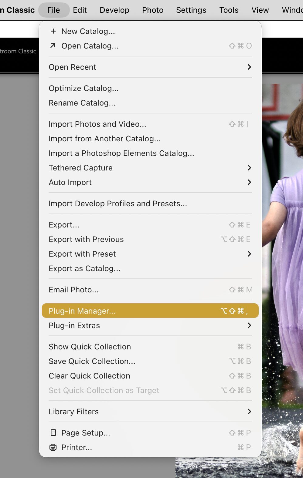 Lightroom Classic File menu with Plug-in Manager selected