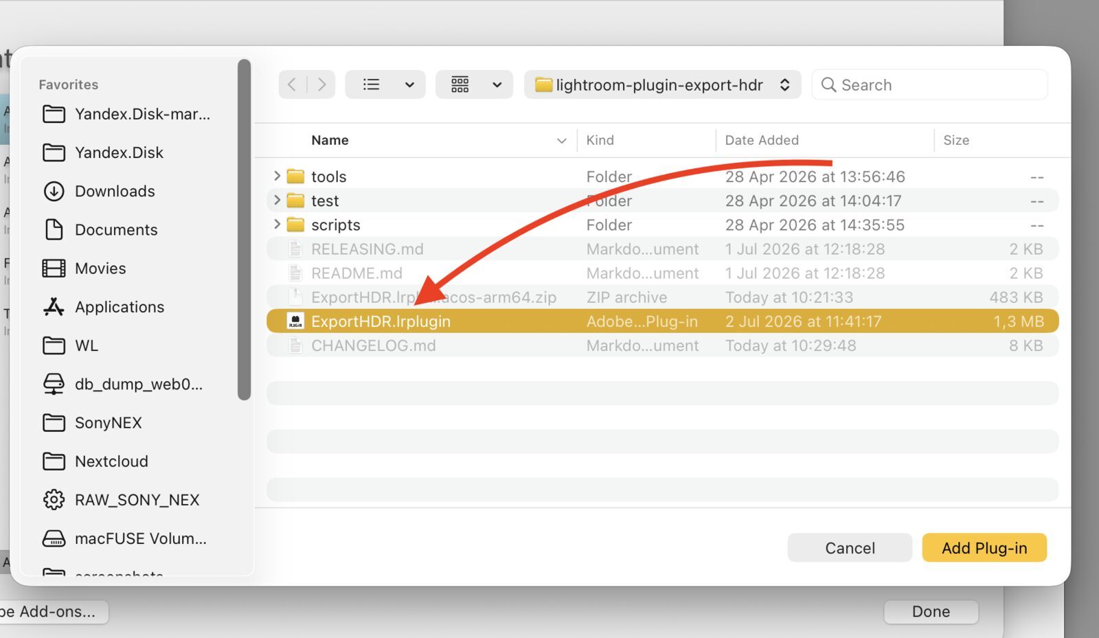 macOS file dialog selecting ExportHDR.lrplugin with Add Plug-in button