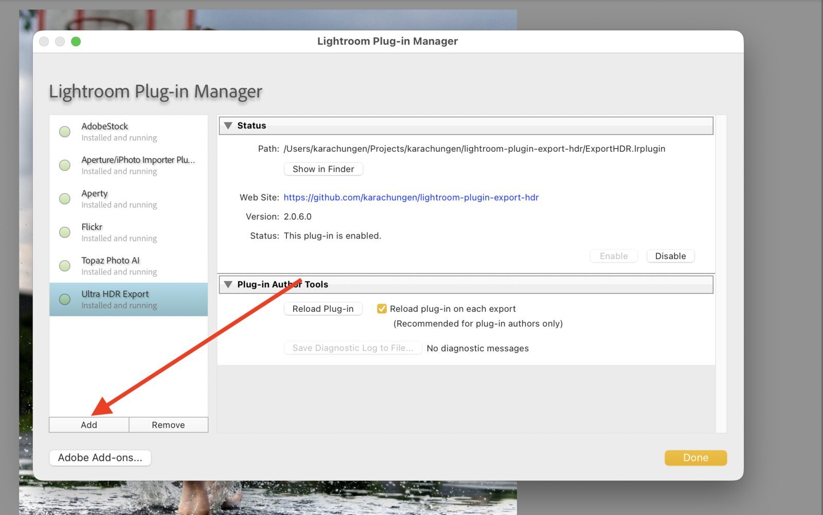 Lightroom Plug-in Manager showing Ultra HDR Export installed and running