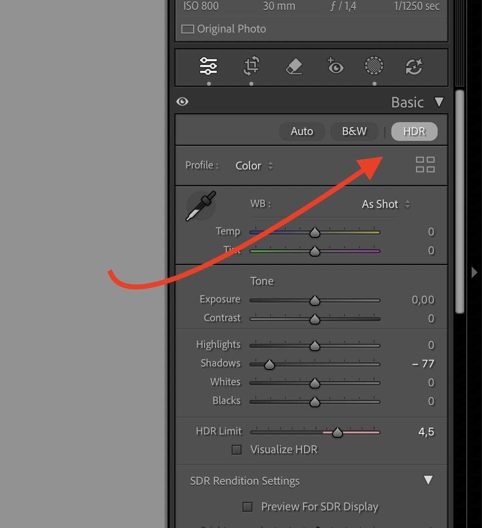 Lightroom Basic panel with HDR mode enabled and HDR Limit slider