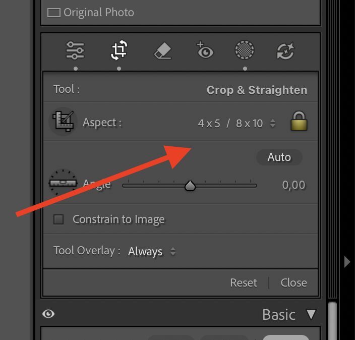 Lightroom Crop tool with Aspect set to 4 x 5 / 8 x 10