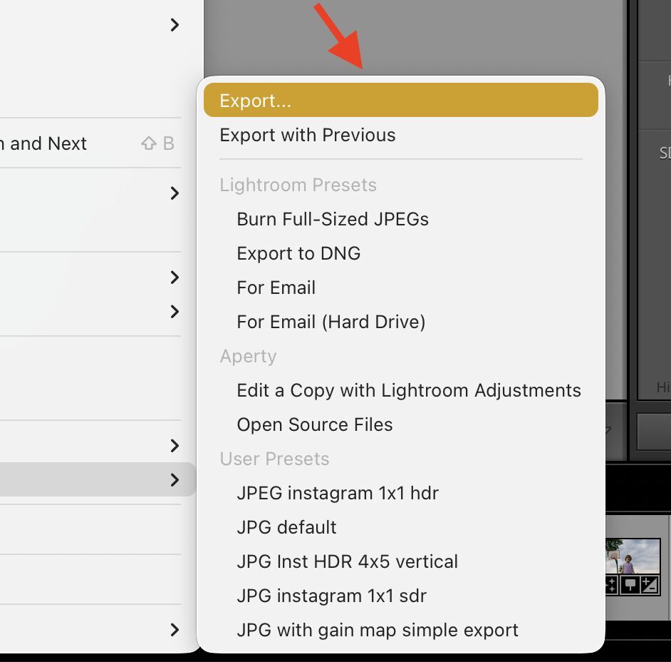 Lightroom export context menu with Export selected