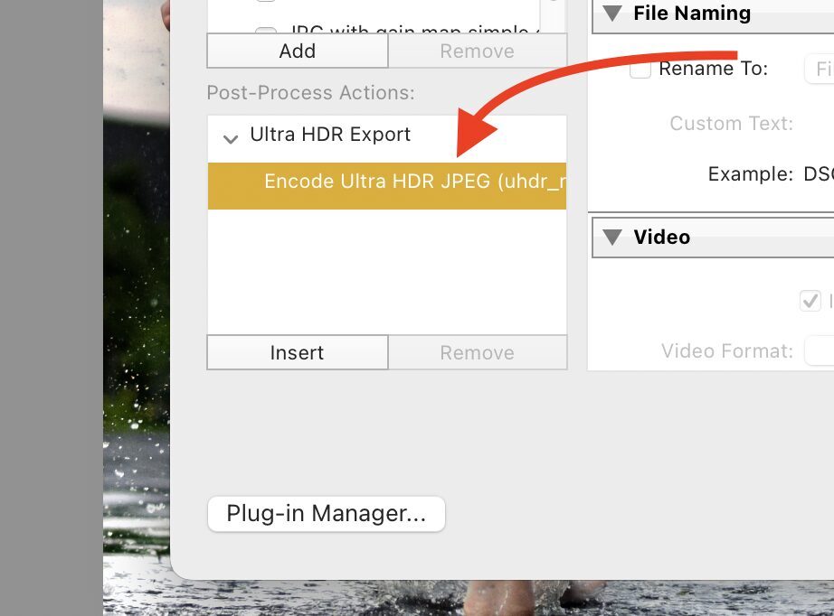 Post-Process Actions with Encode Ultra HDR JPEG selected