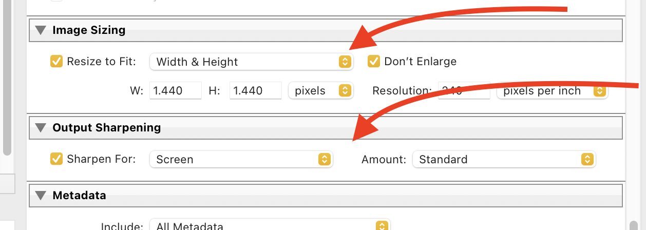 Lightroom Image Sizing set to 1440 by 1440 with Screen sharpening
