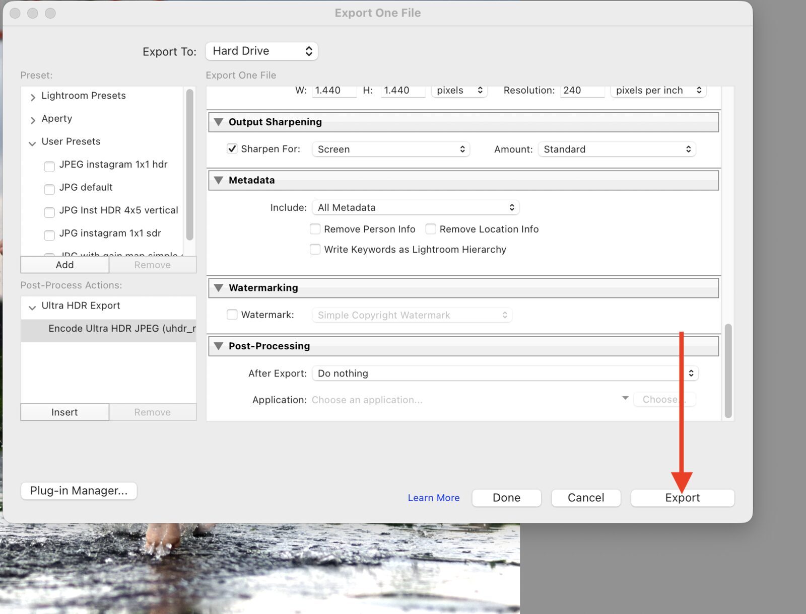 Lightroom Export dialog with Export button highlighted and Ultra HDR post-process active