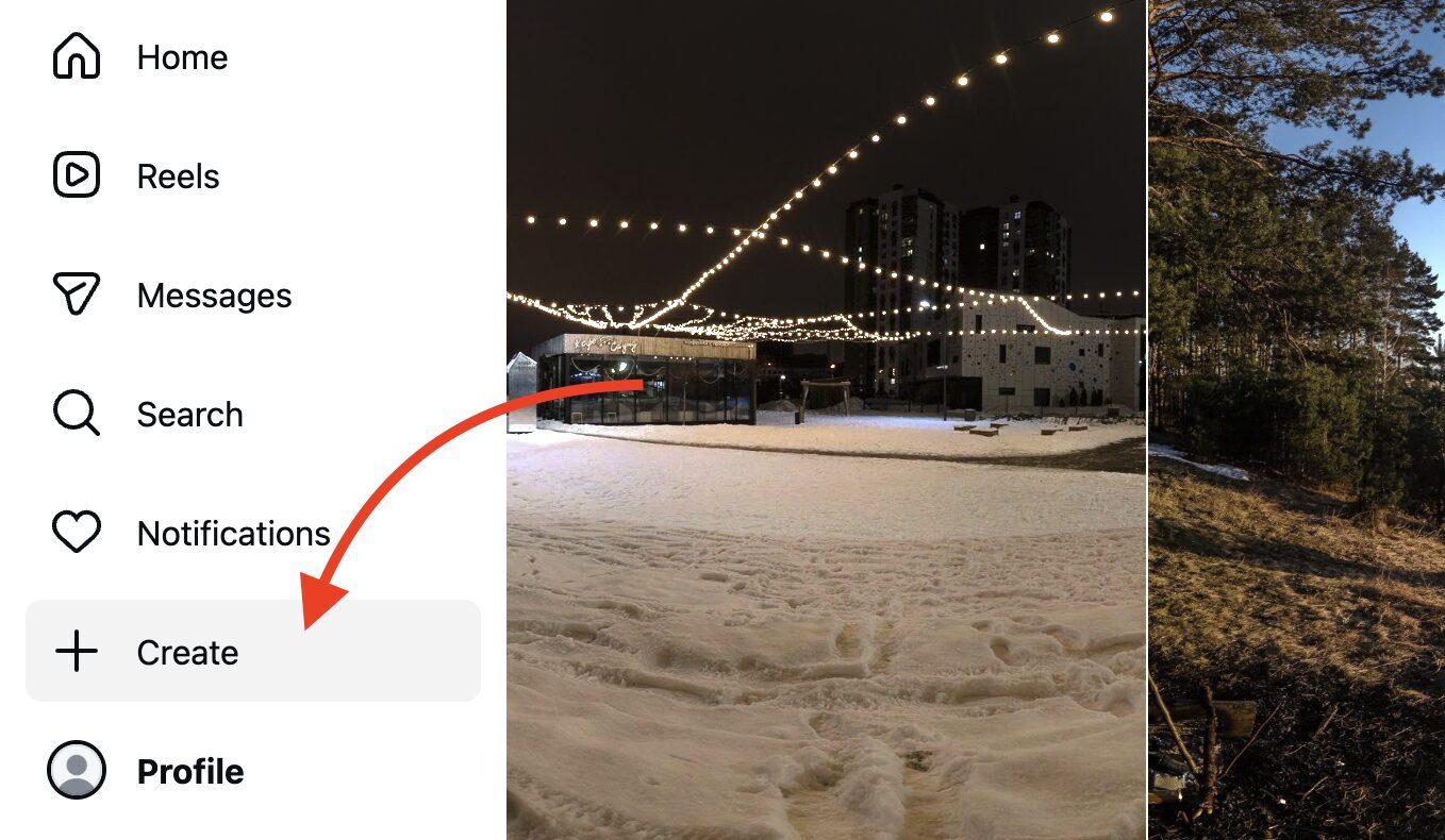 Instagram sidebar with Create button highlighted