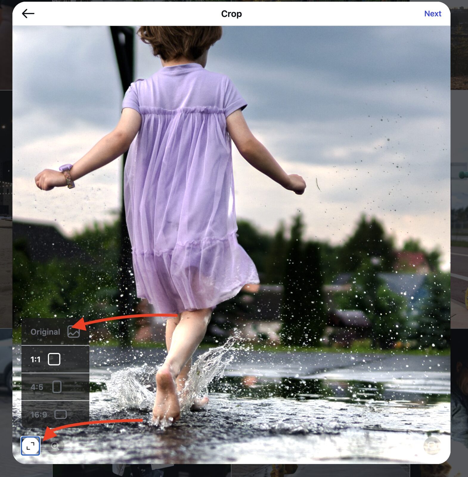 Instagram Crop screen with Original aspect ratio selected