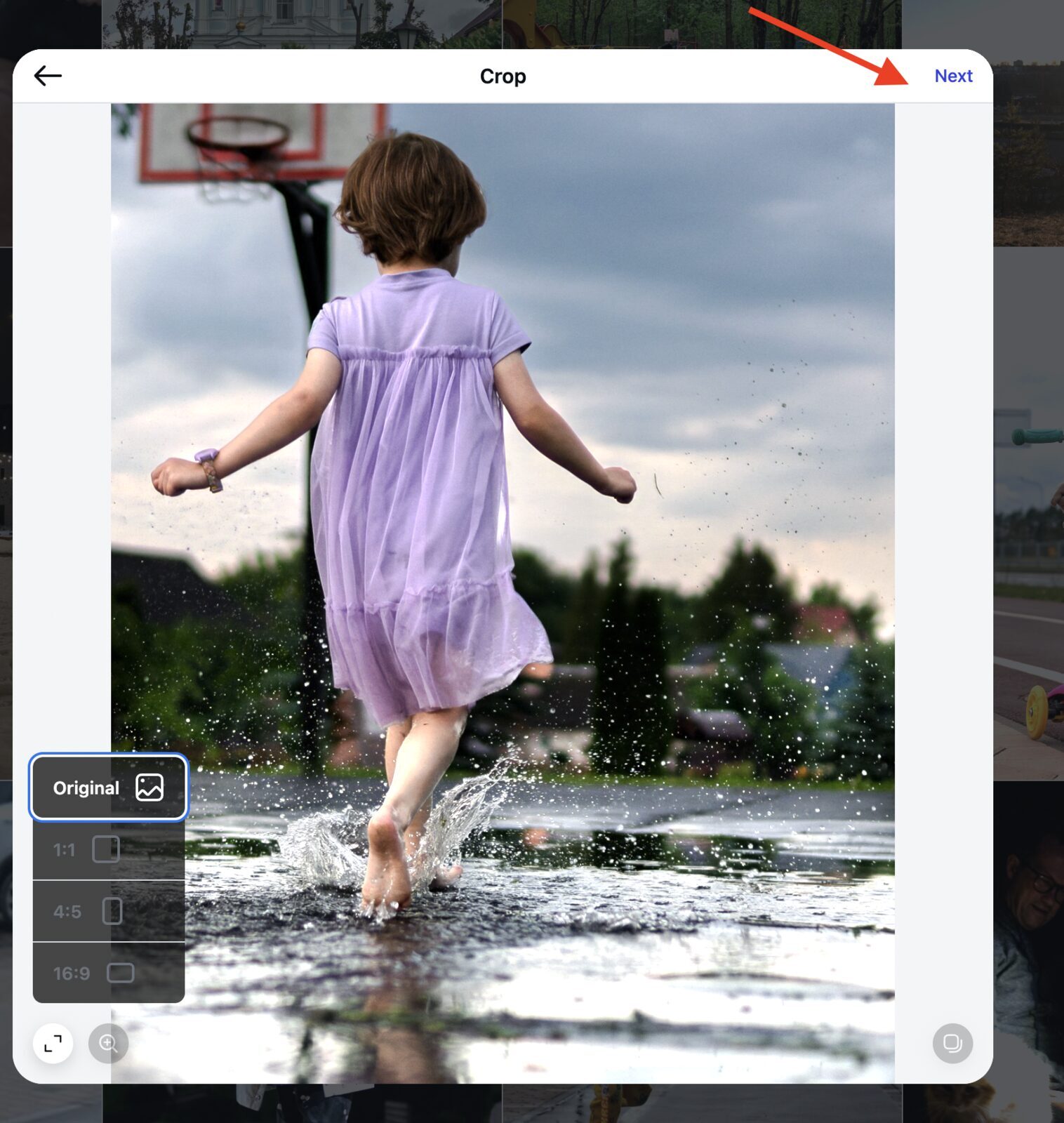 Instagram Crop screen with Original selected and Next highlighted