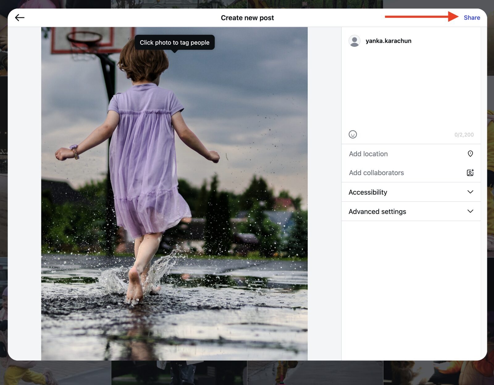 Instagram Create new post screen with Share button highlighted