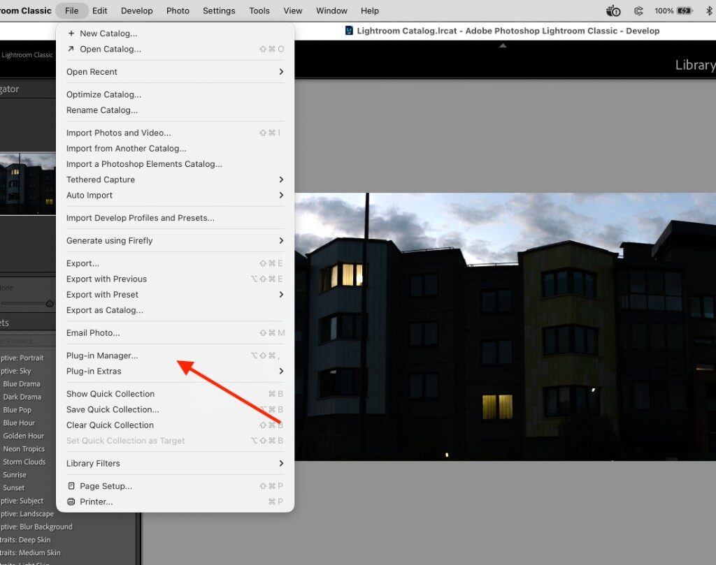 Lightroom Classic File menu with Plug-in Manager highlighted