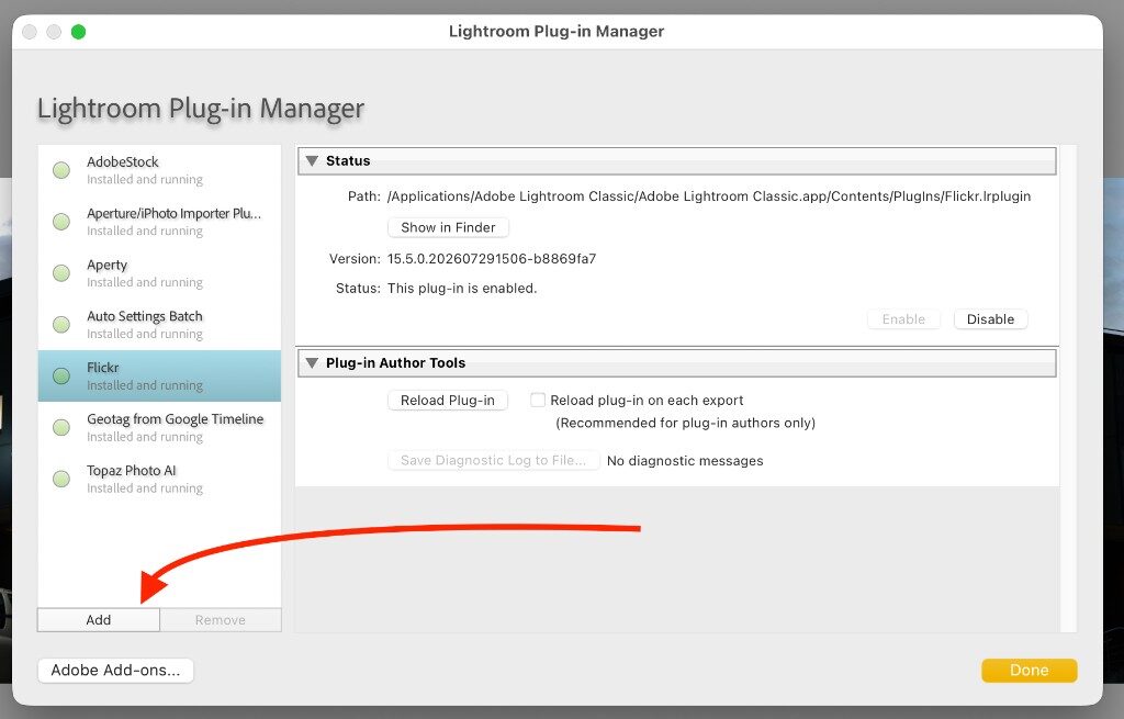 Lightroom Plug-in Manager with the Add button highlighted