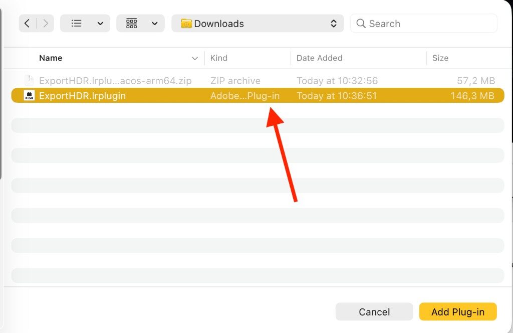 macOS file dialog with ExportHDR.lrplugin selected and Add Plug-in highlighted