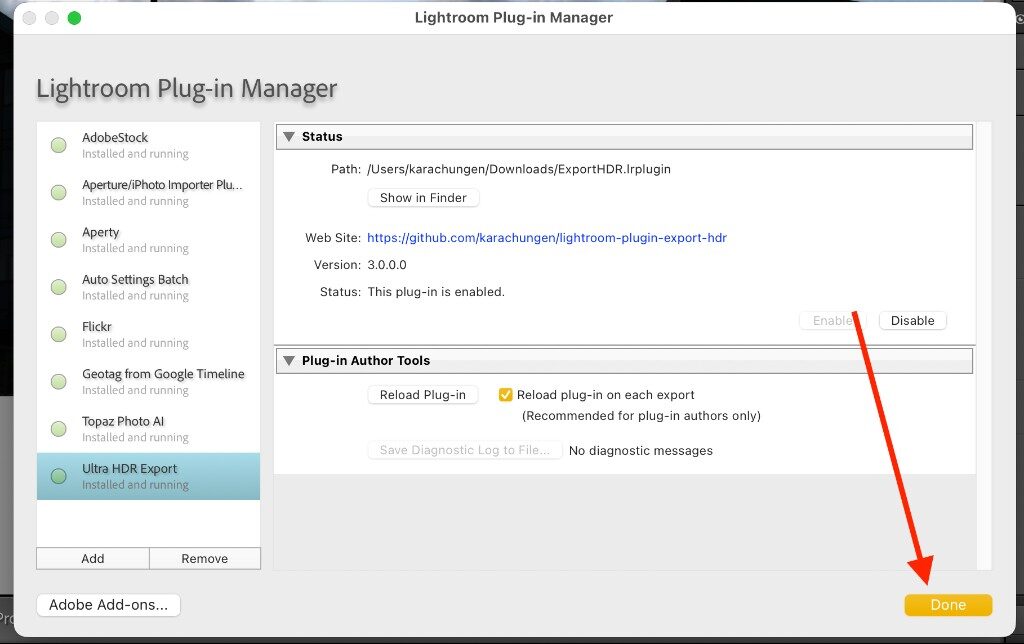 Plug-in Manager showing Ultra HDR Export version 3 installed and running, with Done highlighted