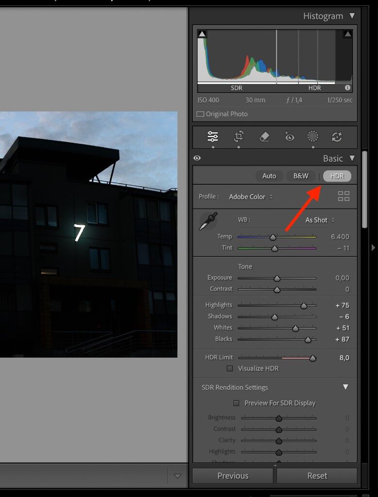 Lightroom Develop Basic panel with the HDR button highlighted
