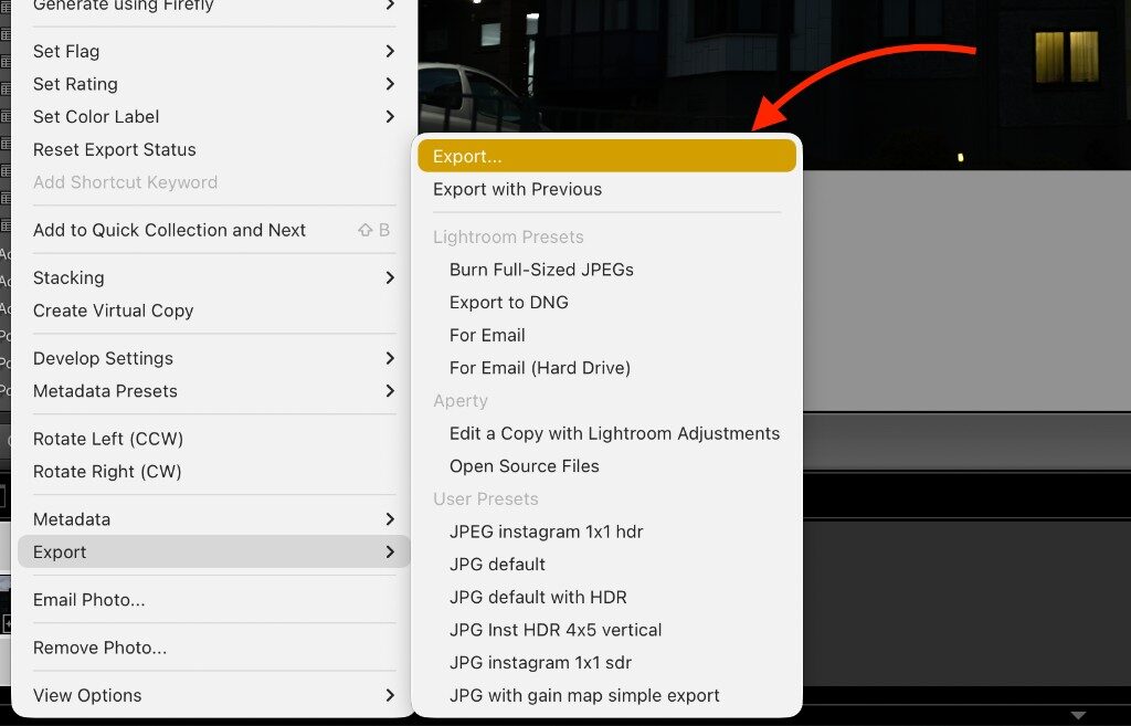 Lightroom photo menu with Export highlighted
