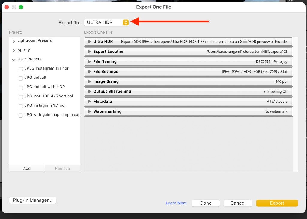 Lightroom Export dialog with Export To set to ULTRA HDR