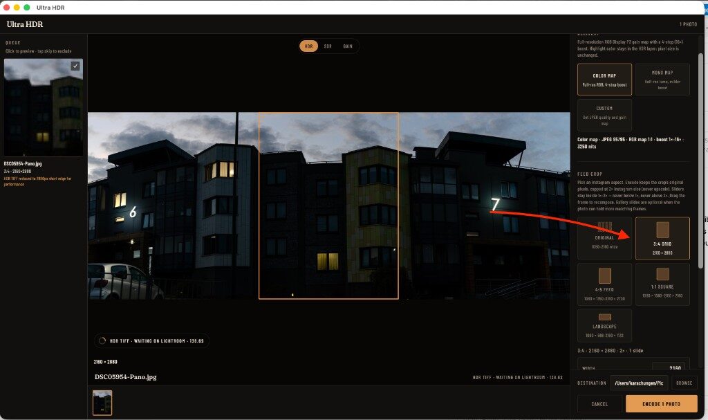 Ultra HDR editor with the 3:4 GRID feed crop selected