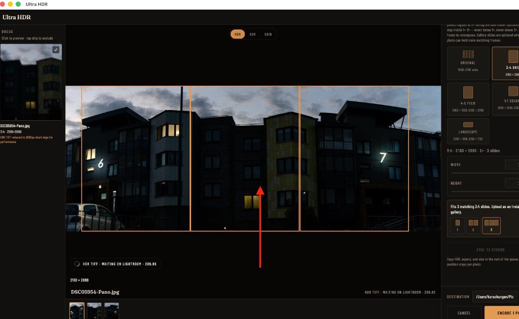 Ultra HDR editor with an arrow on the orange crop frames of a panorama