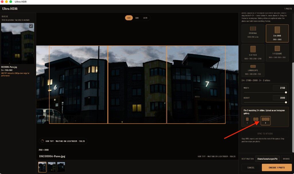 Ultra HDR editor with gallery count 3 selected for a 3:4 panorama