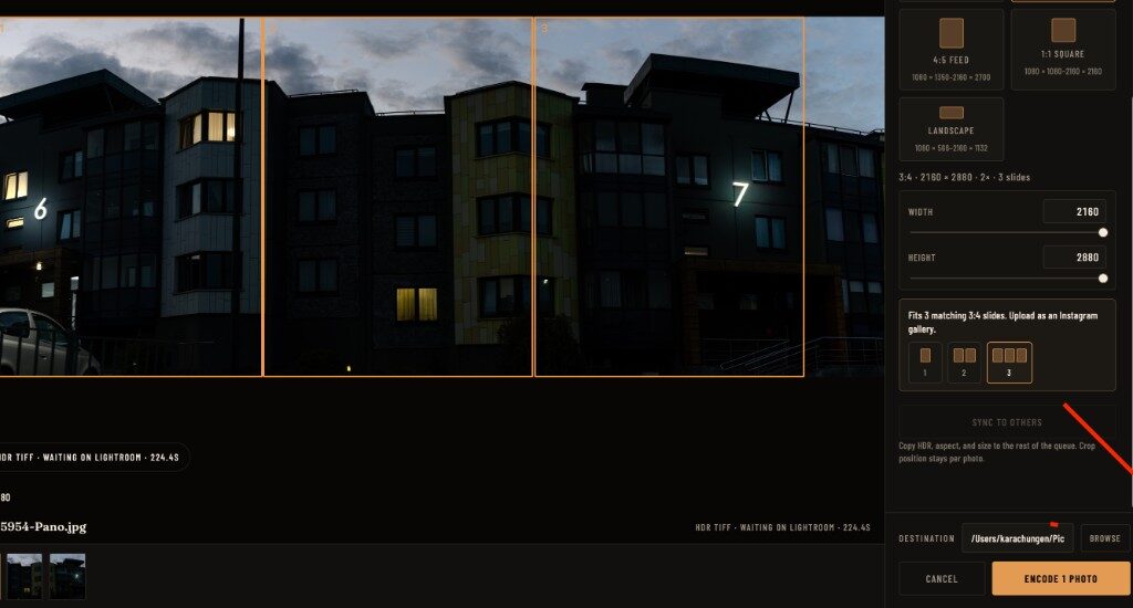 Ultra HDR editor with Encode 1 photo and the destination folder