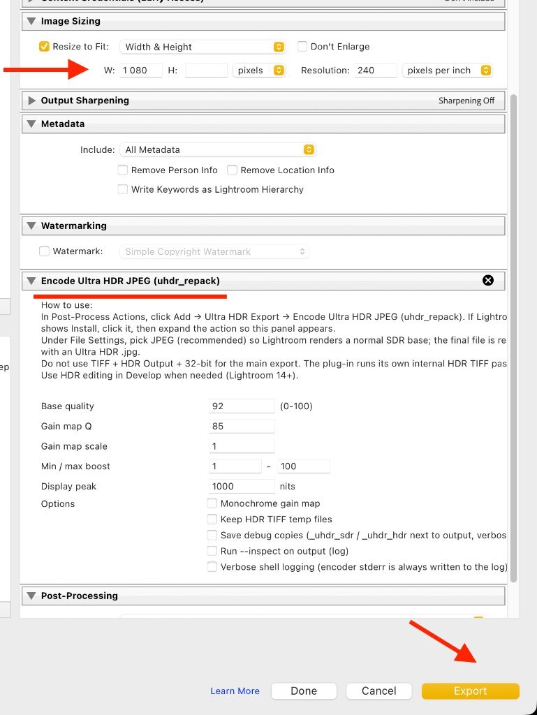 Lightroom export dialog showing Image Sizing width 1080 pixels and Export button