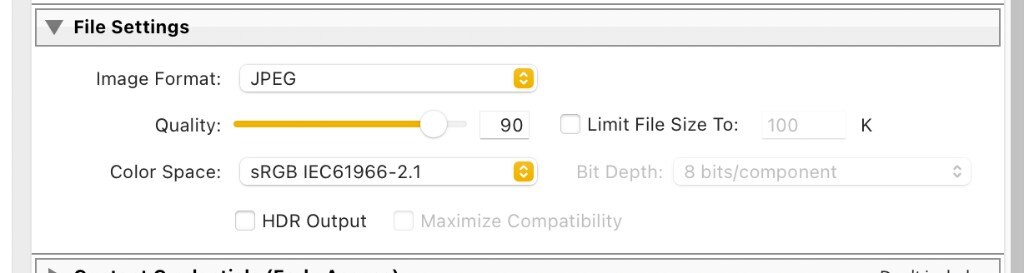 Lightroom export File Settings: JPEG format and quality slider
