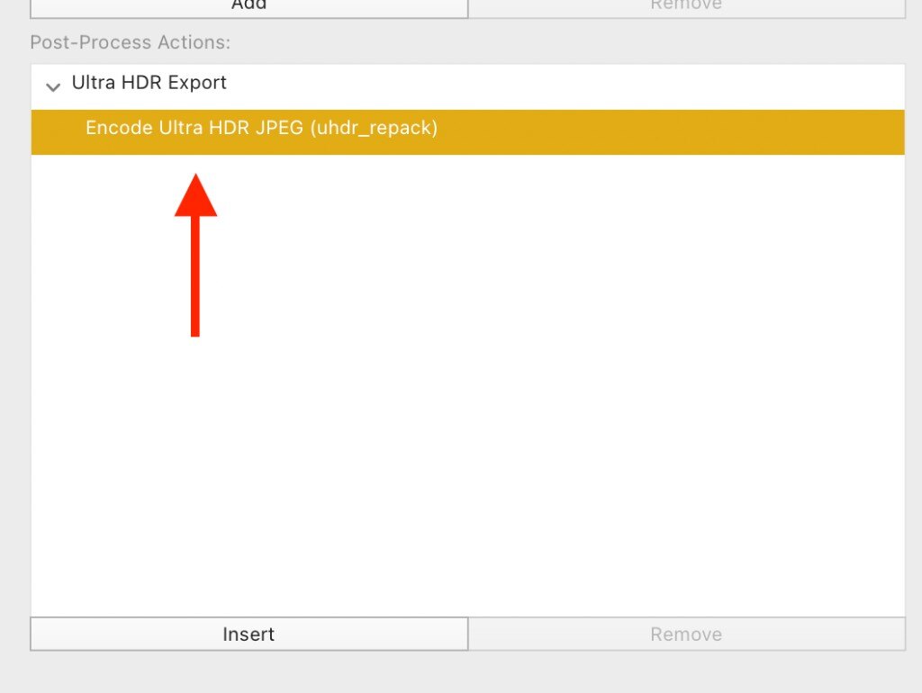 Lightroom export: Post-Process Actions with Encode Ultra HDR JPEG (uhdr_repack) selected
