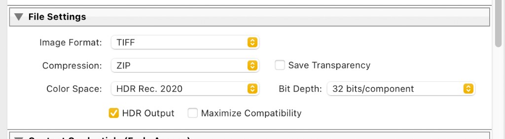 File Settings for HDR TIFF in Lightroom Classic or Camera Raw: TIFF format, ZIP compression, HDR Rec. 2020, 32 bits per component, HDR Output enabled